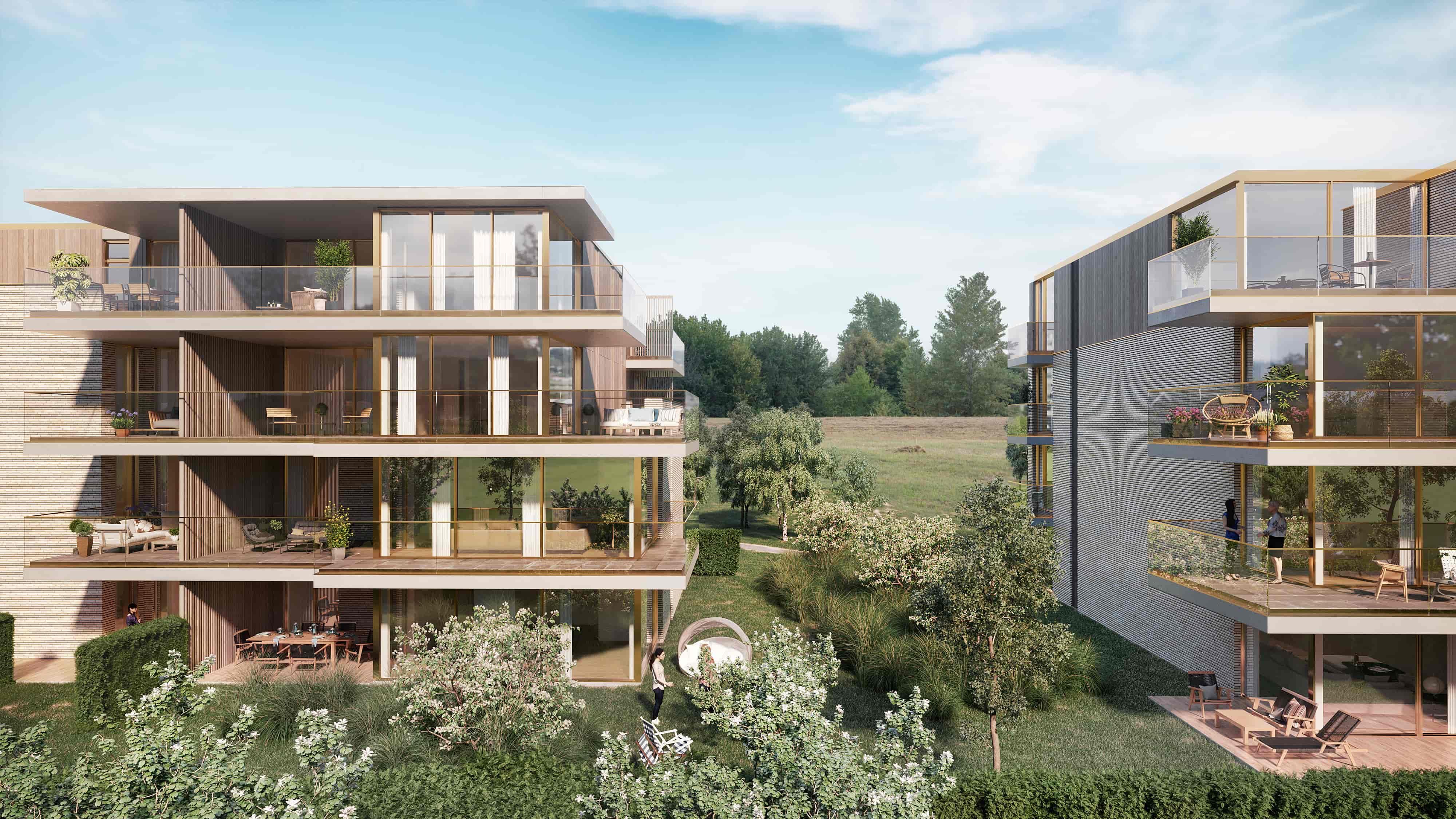 Voorgevel appartementen Eymard met tuin en groen