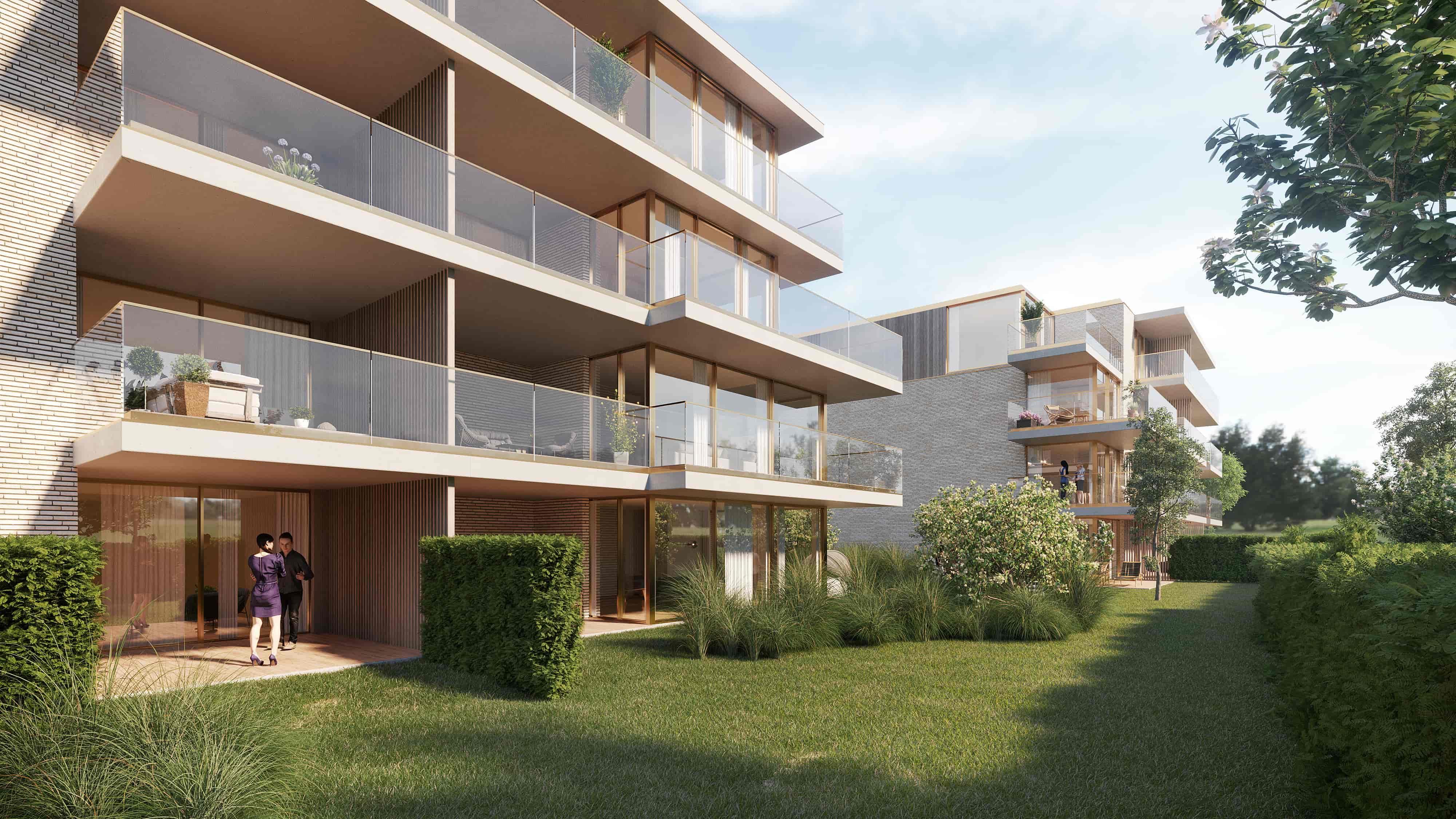 Tuin met voorkant gevel appartement project Eymard