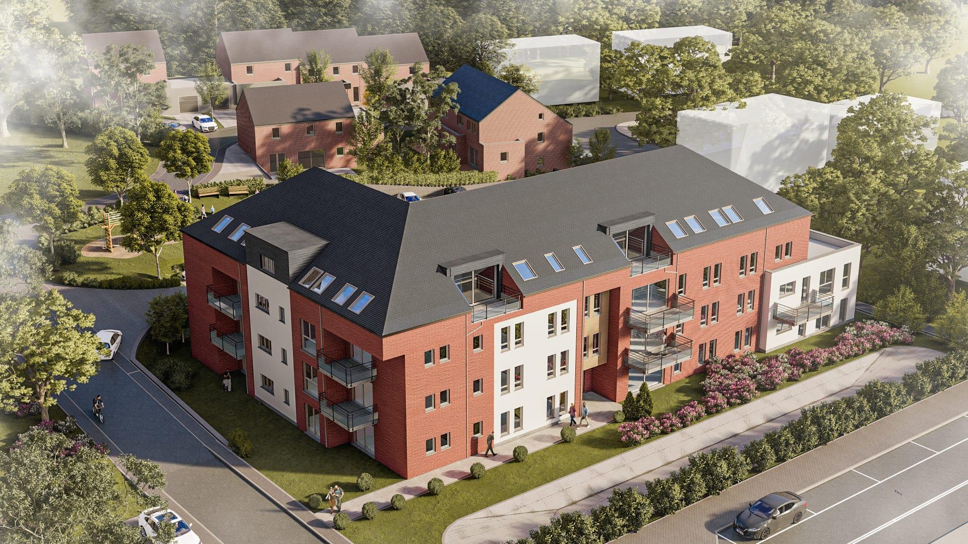 Luchtfoto appartementsgebouw project Stellar en buurt 